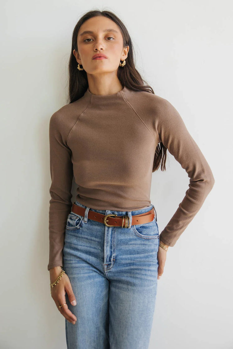 Mock neck top in brown 