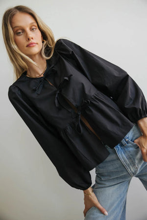 Maggie Peplum Tie Blouse in Black