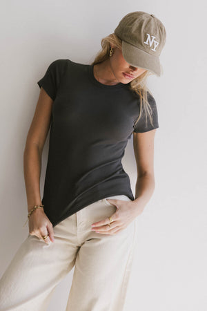 Tara Ribbed Basic Tee in Charcoal