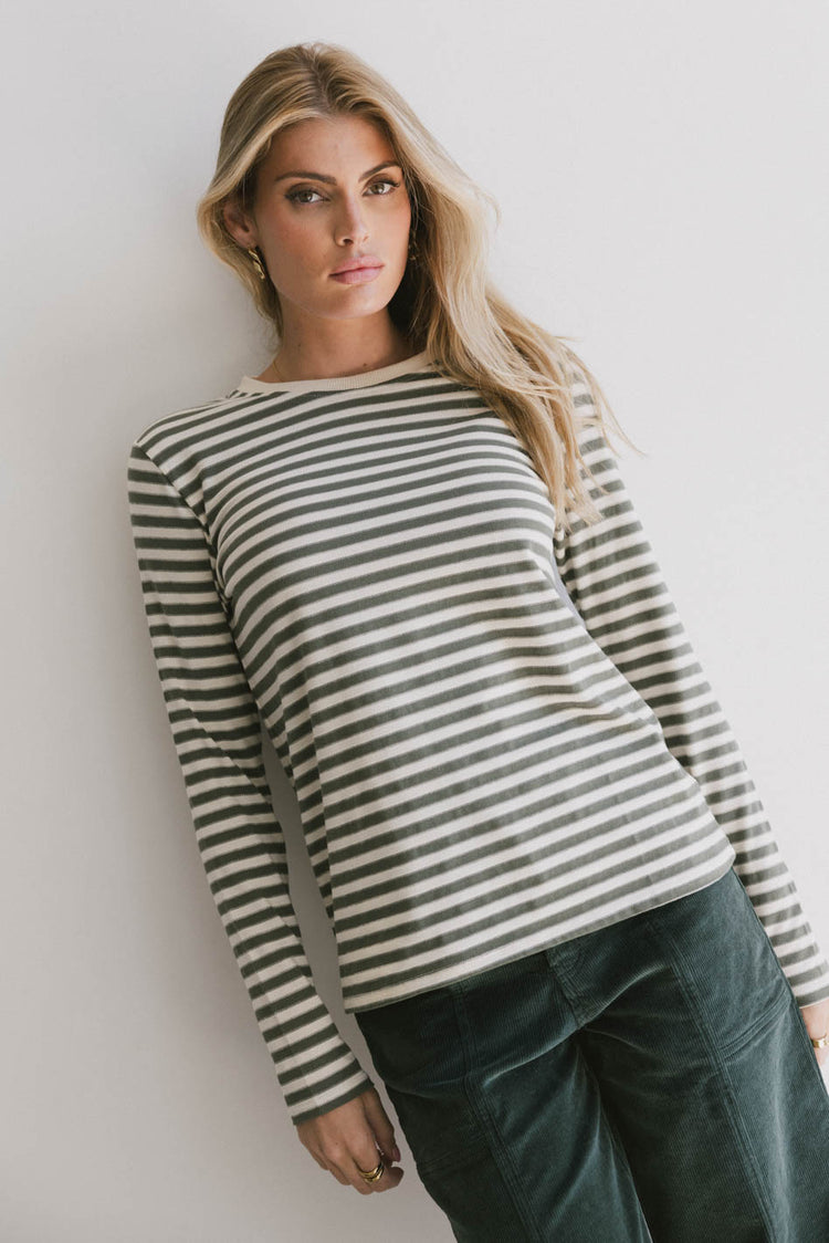 striped top in olive and white