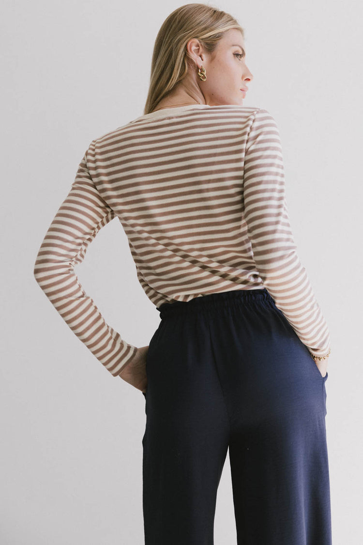 striped basic long sleeve top in brown