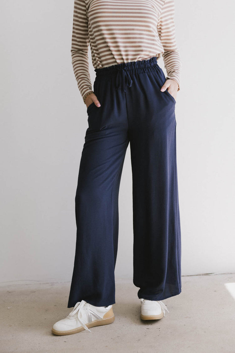 navy wide leg pants with drawstring