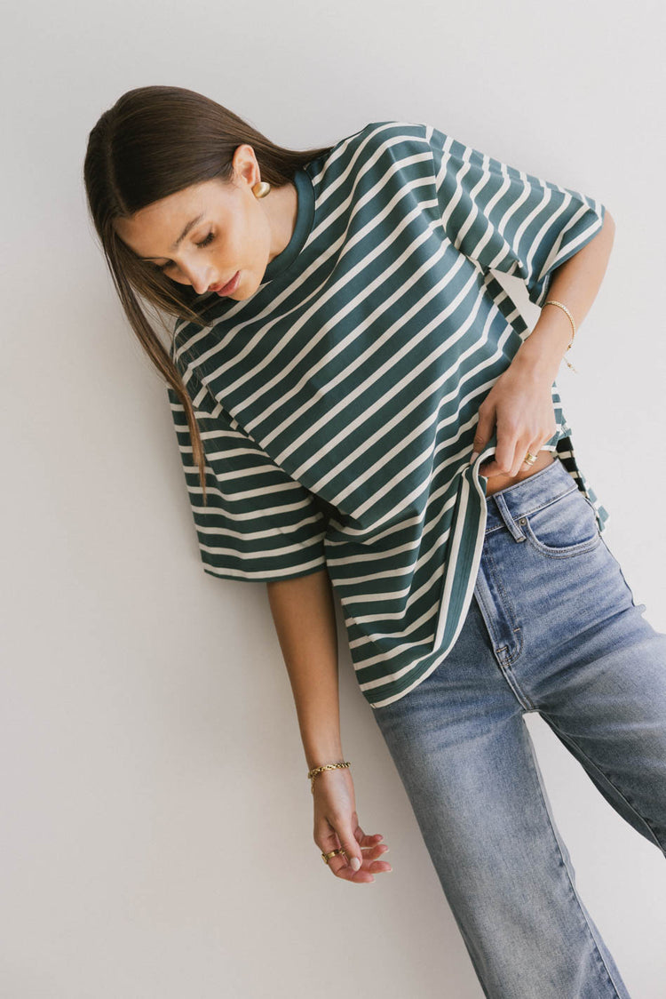 teal and white oversized striped t shirt