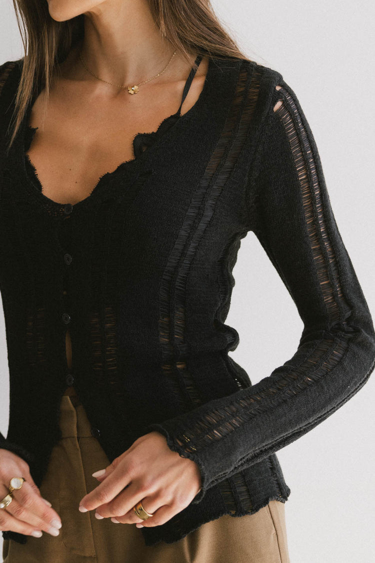 black textured button front top