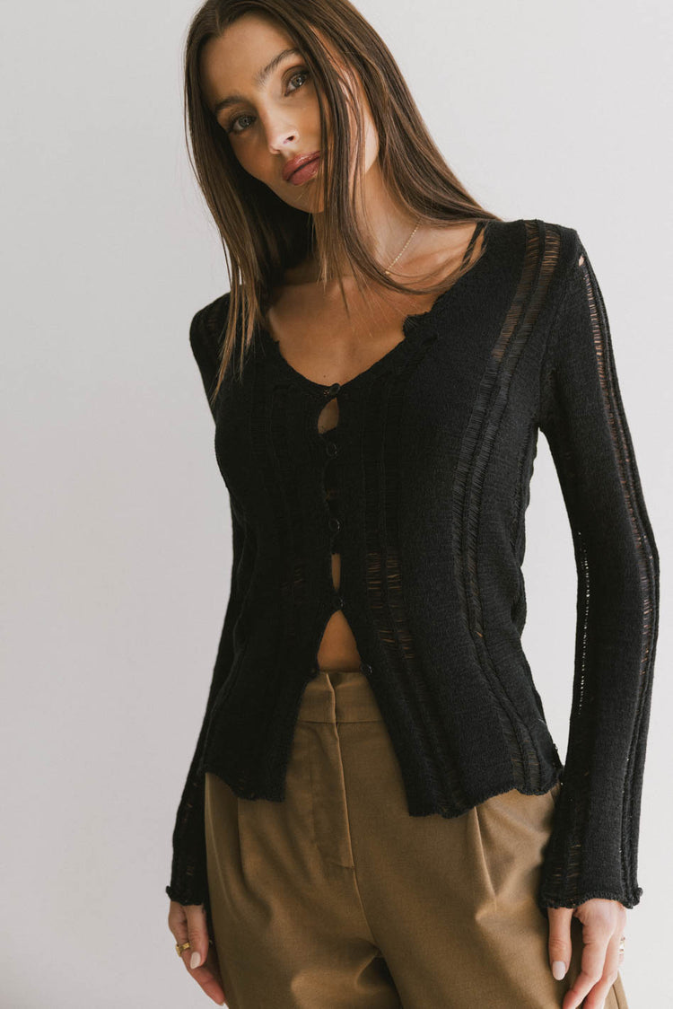 black sheer button front top