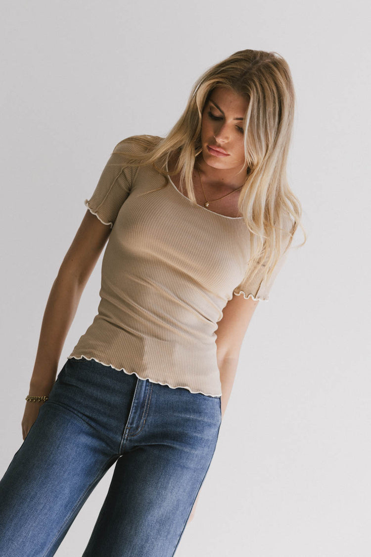 taupe ribbed short sleeve top