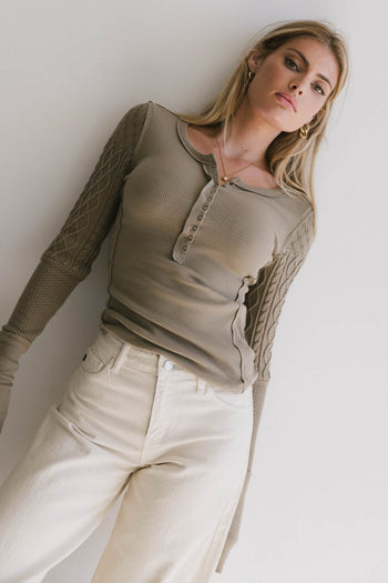 Naomi Cable Knit Sleeve Top in Olive - FINAL SALE