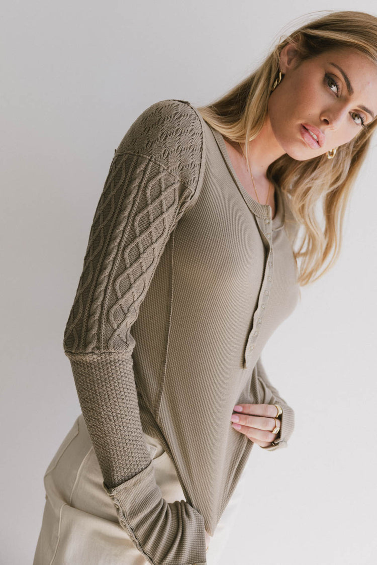 cable knit sleeve top in olive green