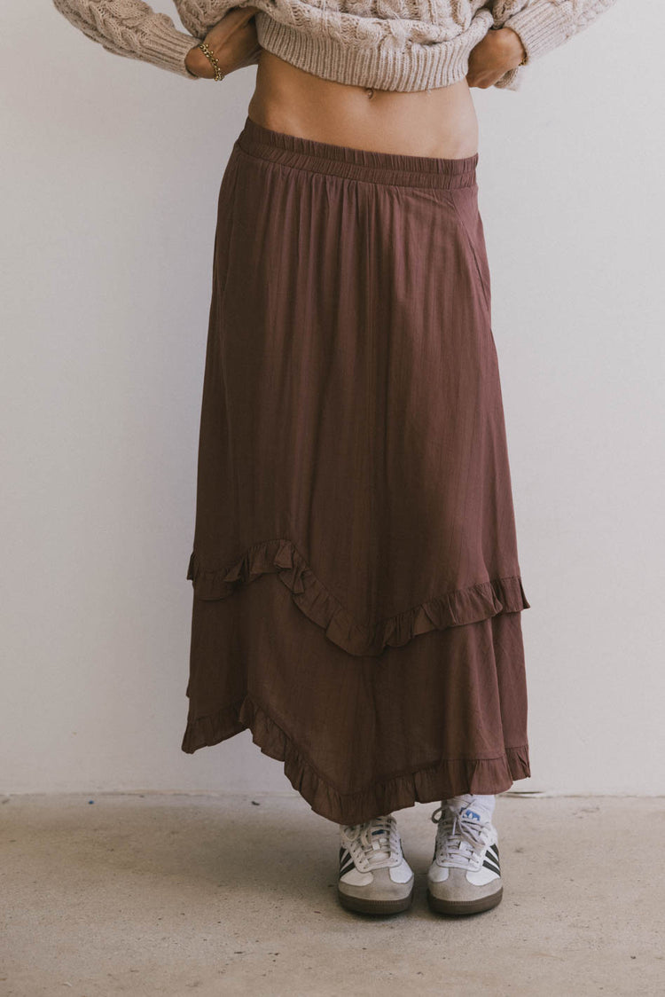 RUFFLE DETAIL MIDI SKIRT IN MAUVE