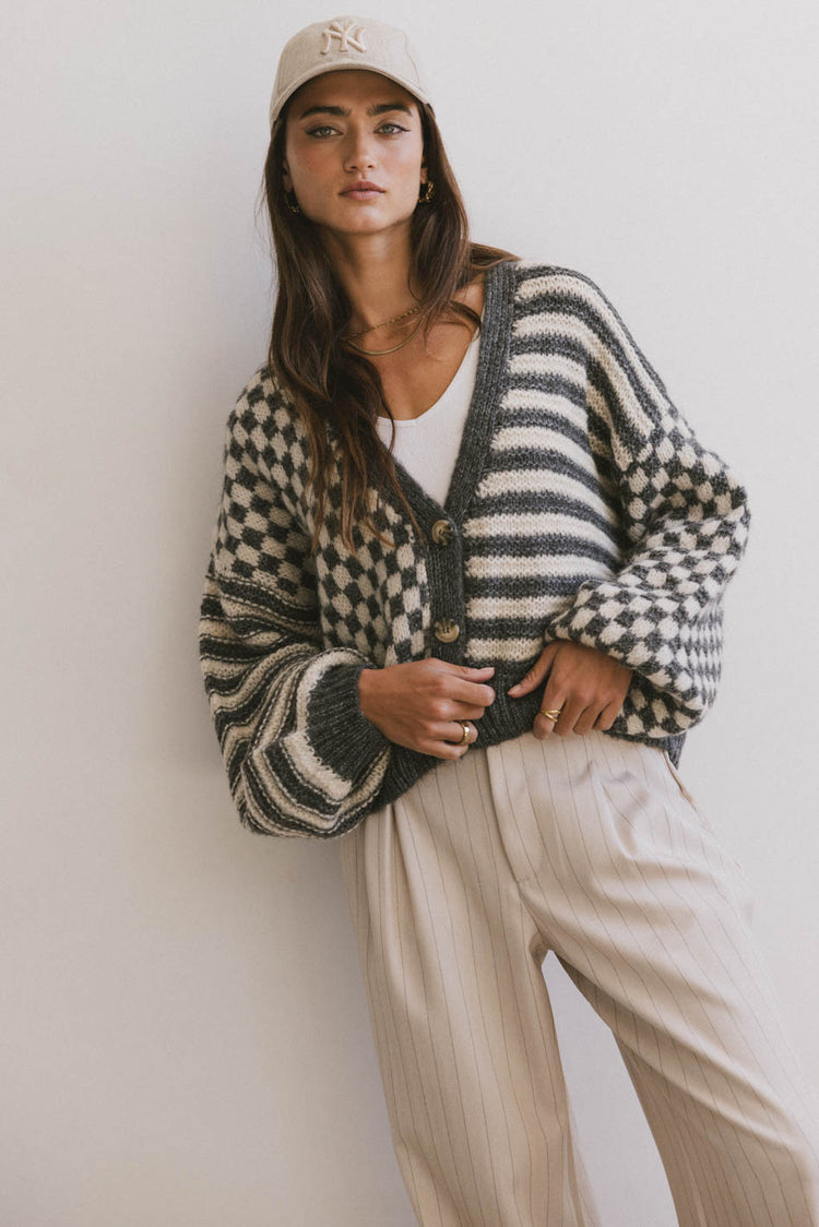 button front checker and striped cardigan