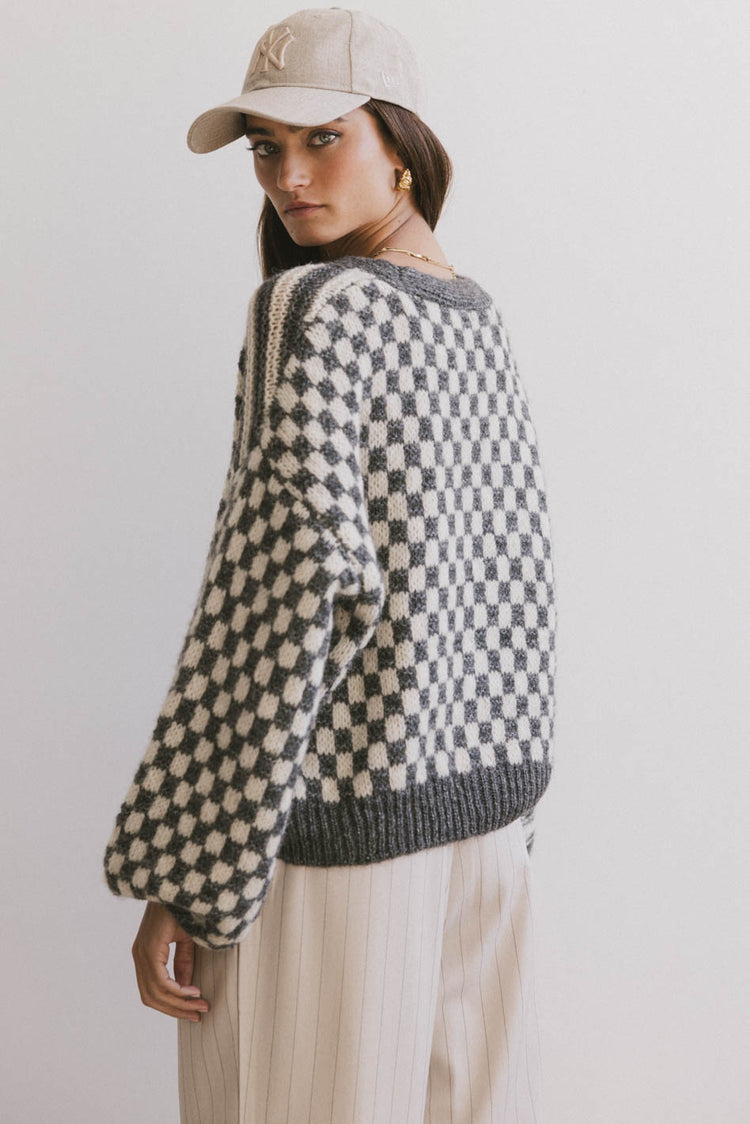 grey checkered knit cardigan