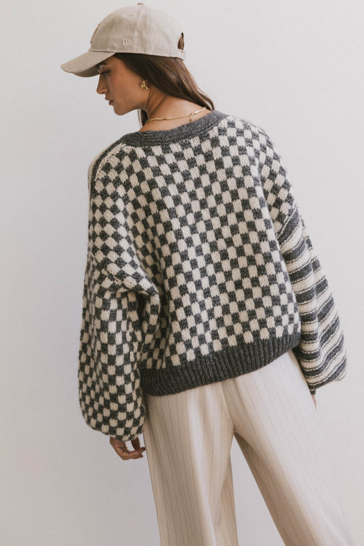 striped and checker knit cardigan