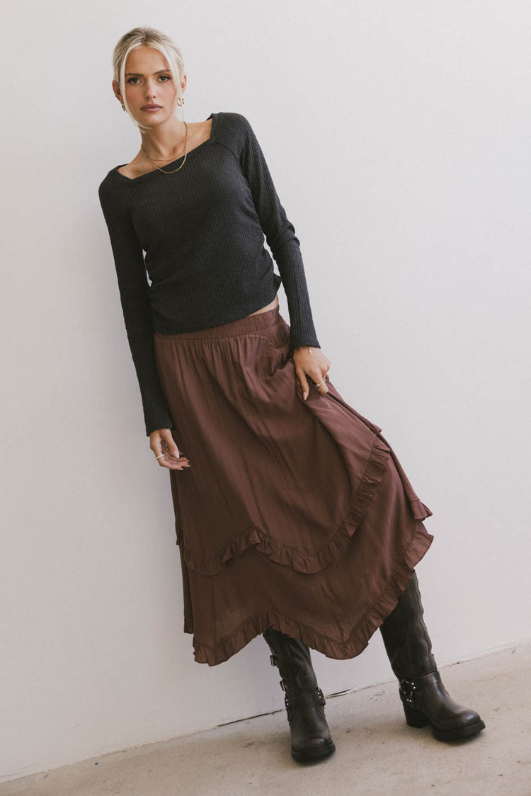 MIDI SKIRT IN MAUVE WITH RUFFLE DETAILS