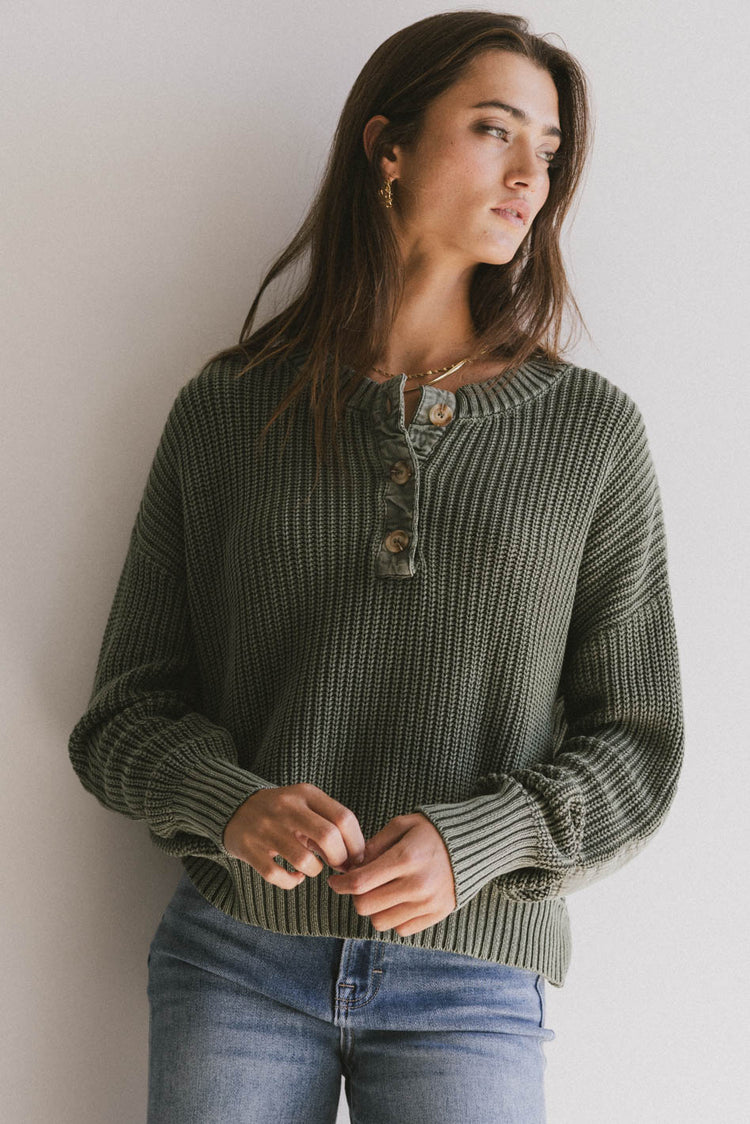 button front ribbed sweater in green