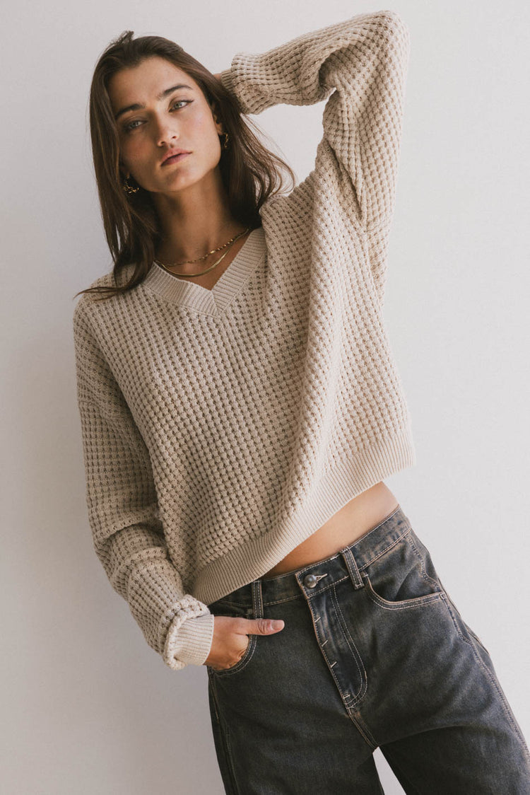 v neck waffle sweater in taupe