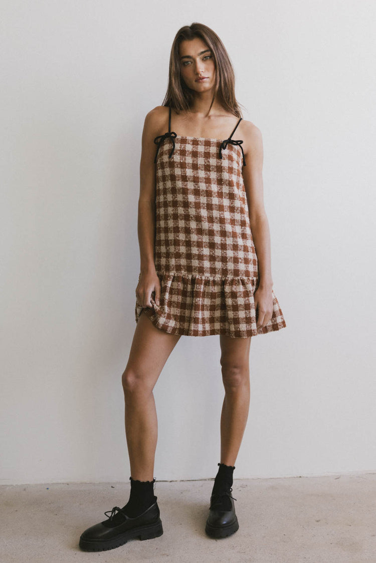 checkered mini dress with black tie straps