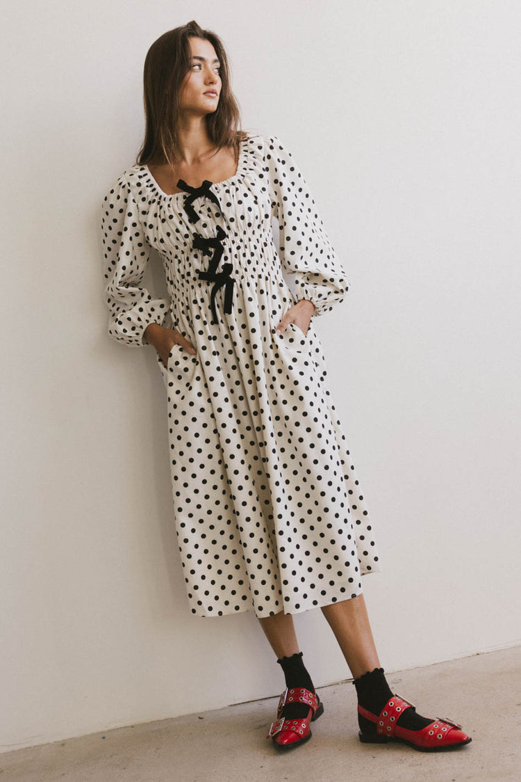 front bow detail polka dot midi dress