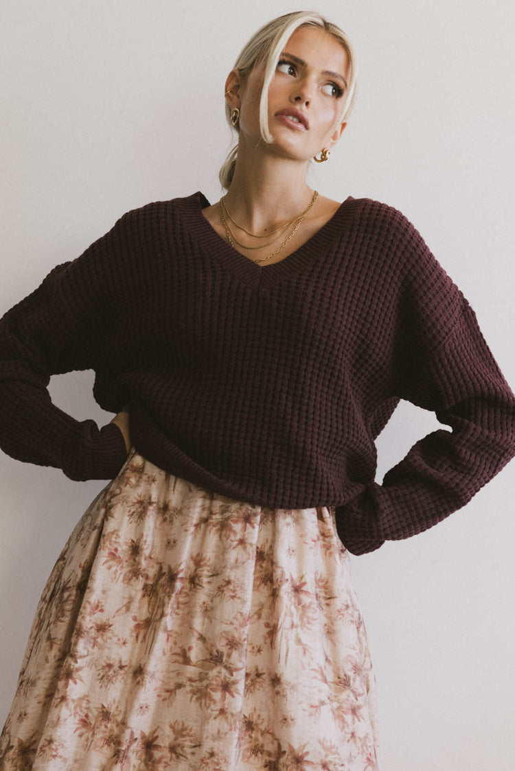 v neck knit sweater in maroon