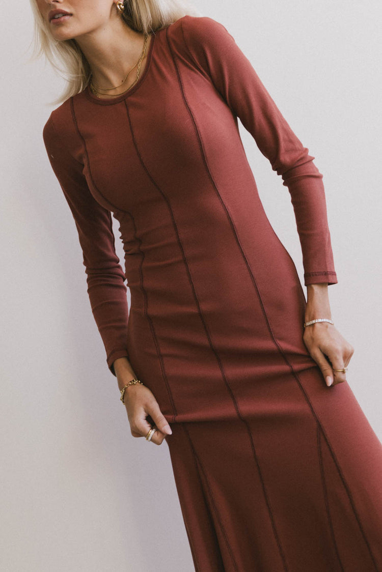 Fiona Ribbed Godet Dress in Rust