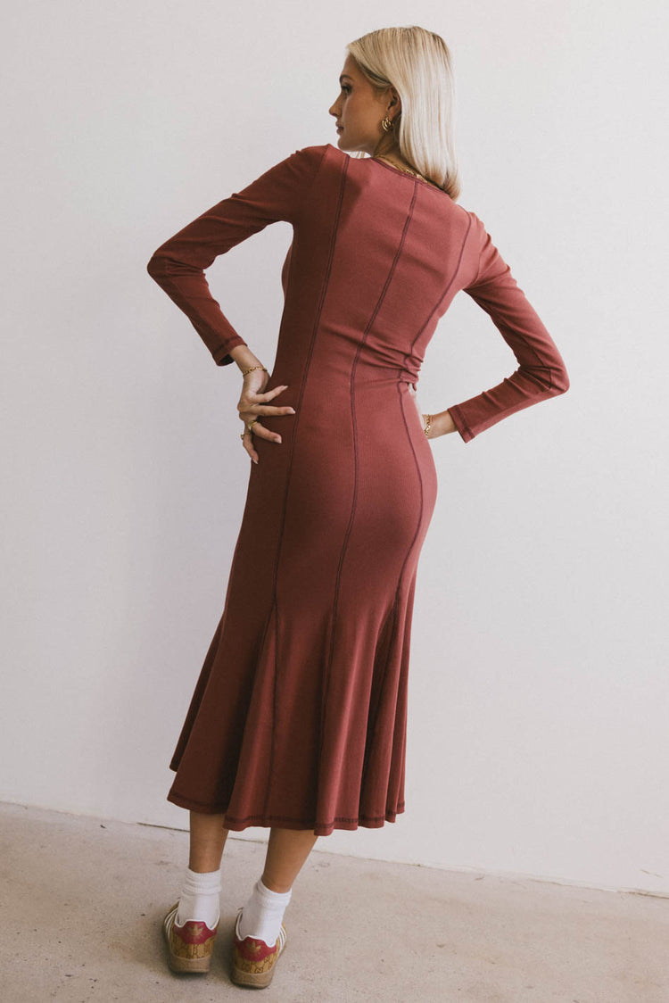 Fiona Ribbed Godet Dress in Rust