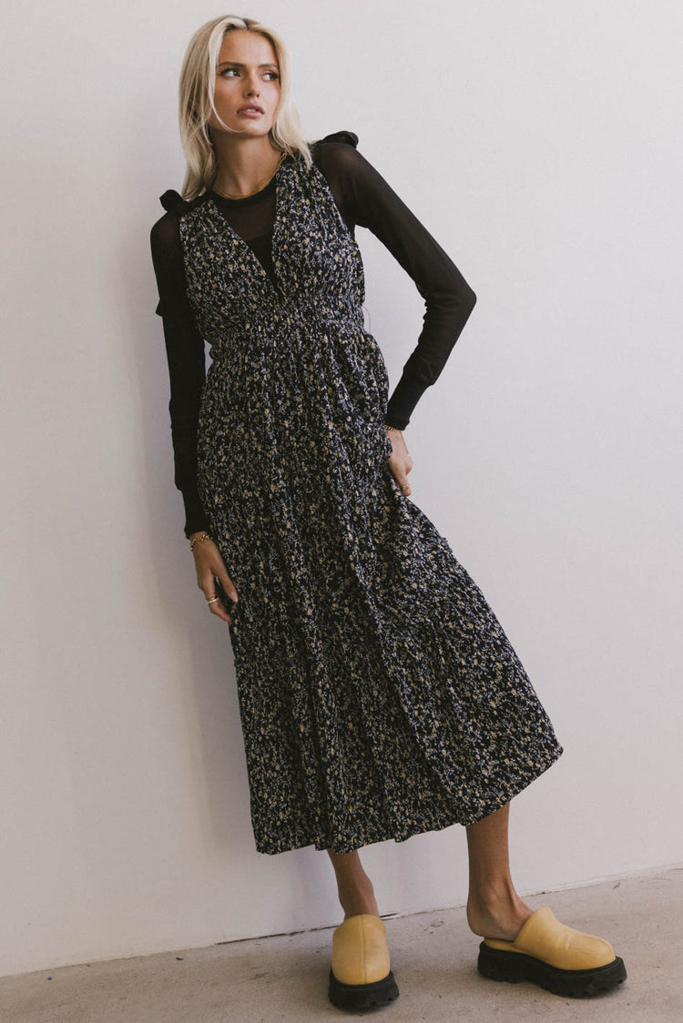 printed midi dress with shoulder ties