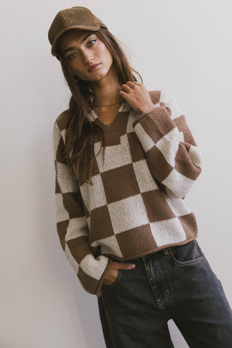 brown v neck checker knit sweater