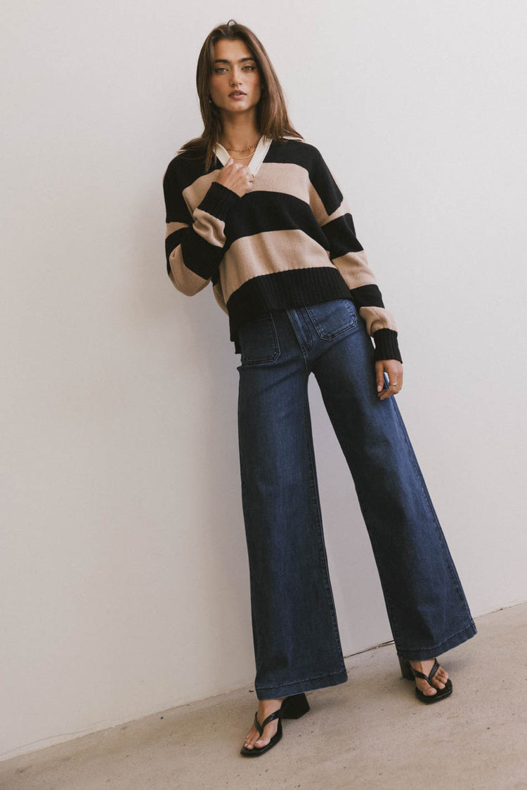 v neck collared stripe sweater