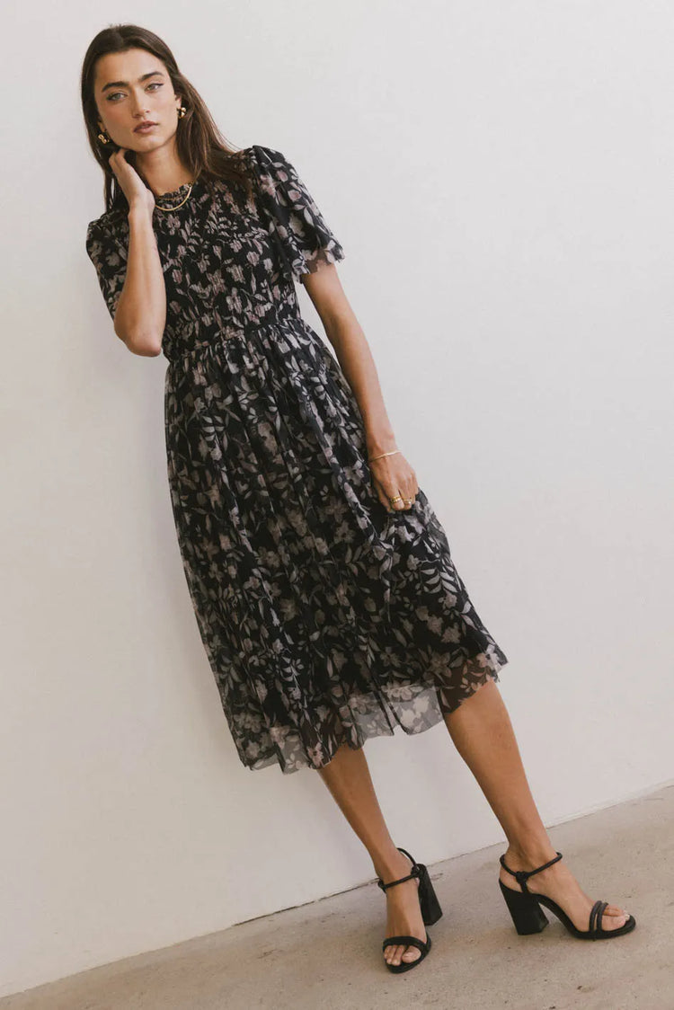 Midi floral dress in black 