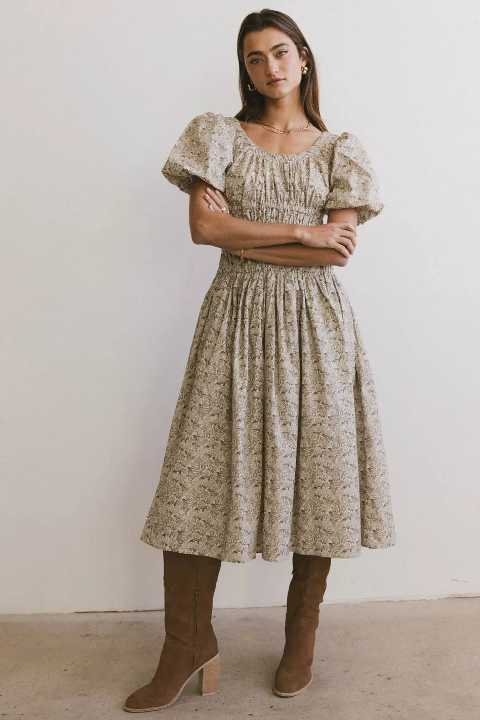 knee length dresses for ladies Lucille Smocked Floral Dress in Olive