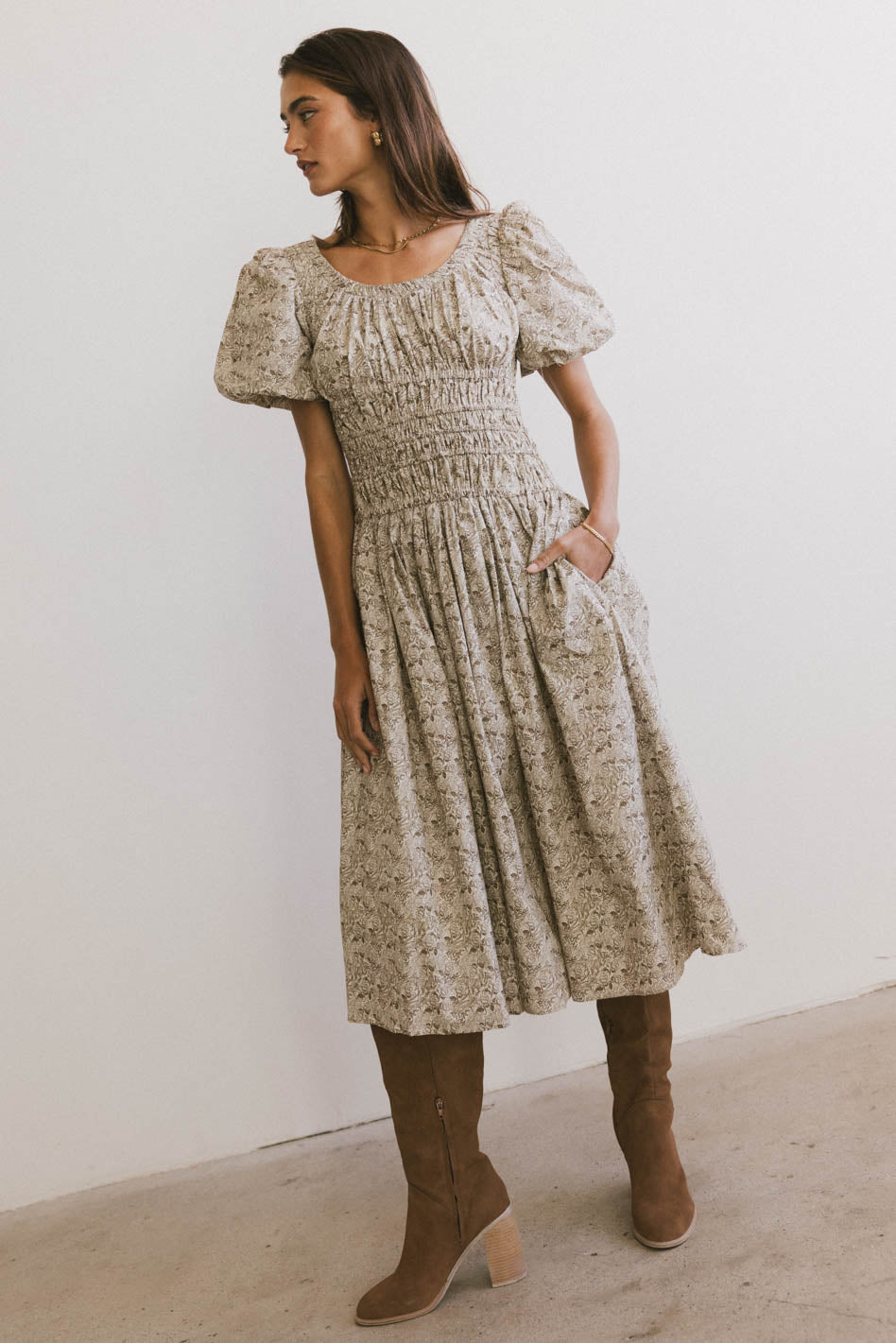 Lucille Smocked Floral Dress in Olive
