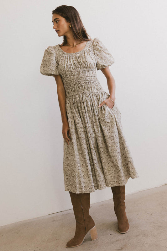 PRINTED SMOCKED MIDI DRESS WITH POCKETS