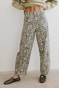 Leopard print barrel jeans 