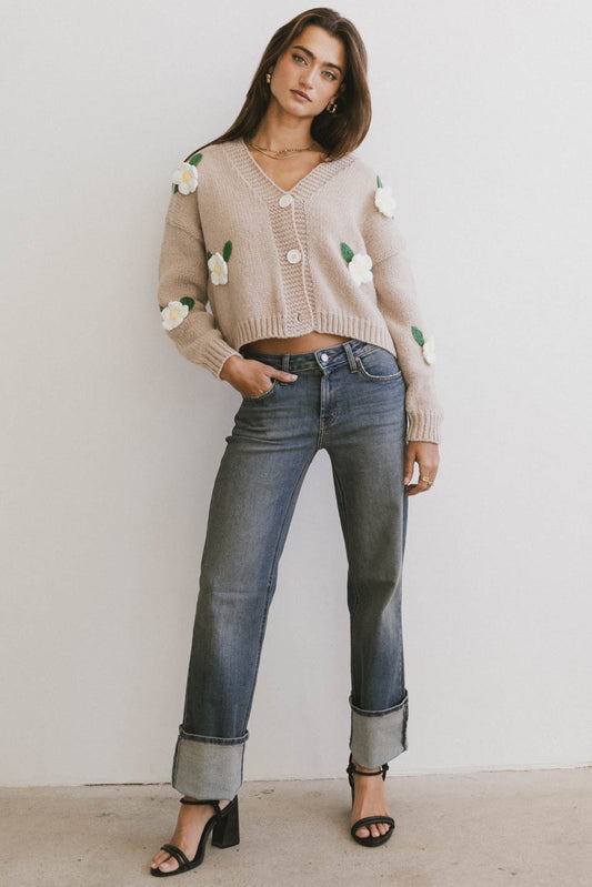 taupe cardigan with embroidered flowers