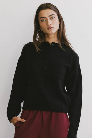 Meli Button Front Knit Sweater in Black