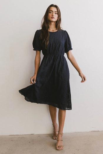 Short sleeves embroidered dress in navy 