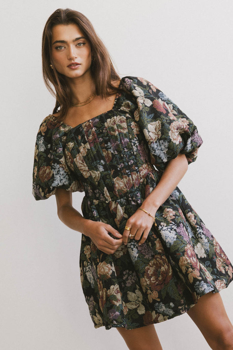 floral print mini dress with puff sleeves