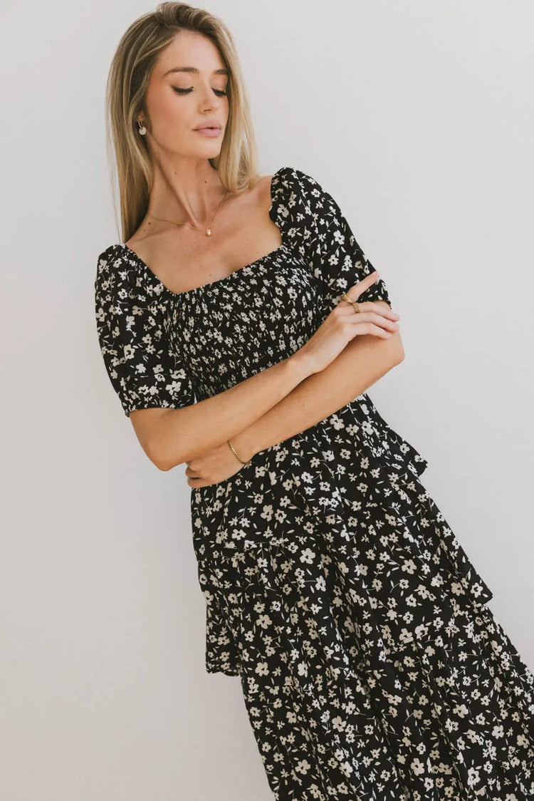 Square neck floral dress in black 