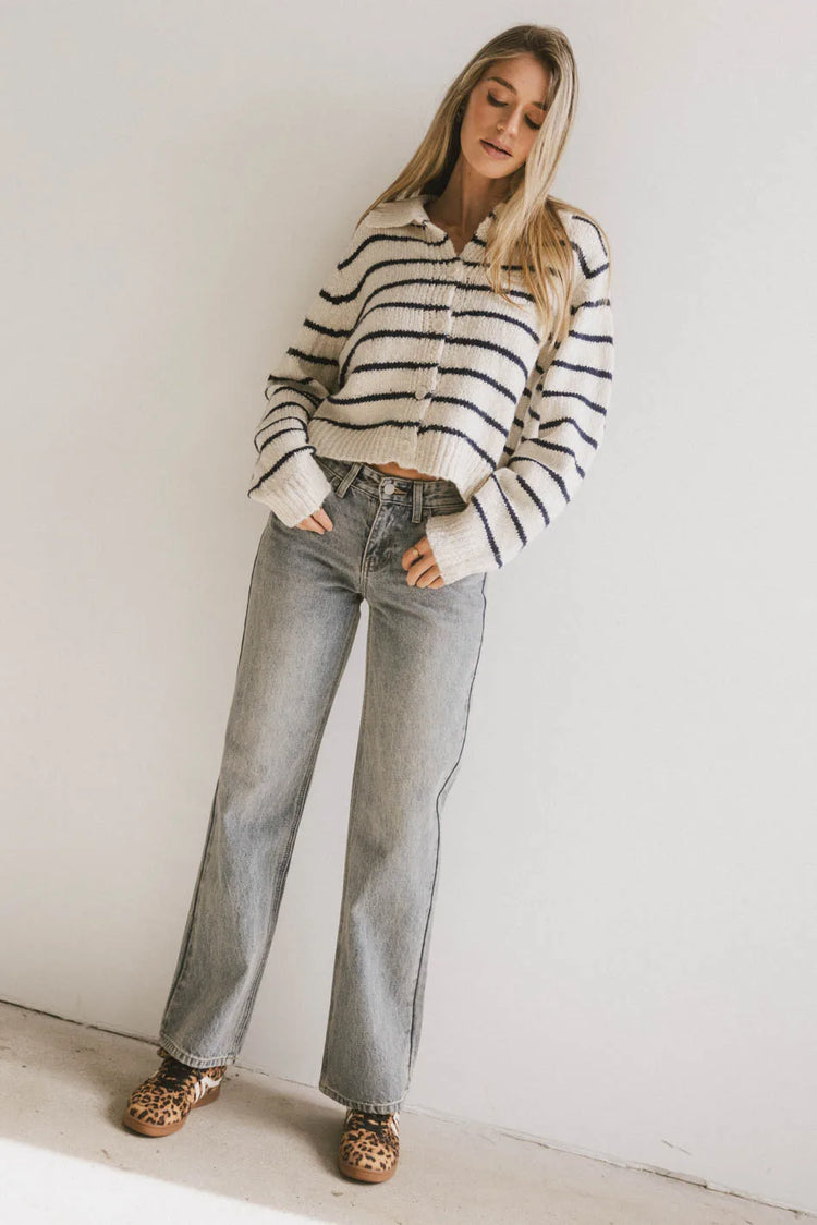 Cardigan in cream paired with denim 