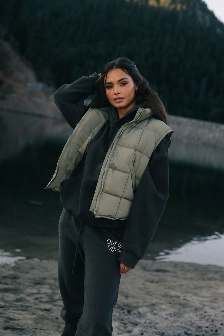 cropped olive puffer vest