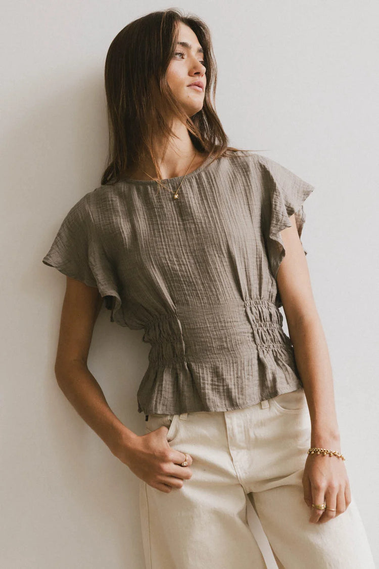 Elastic waist top in olive 