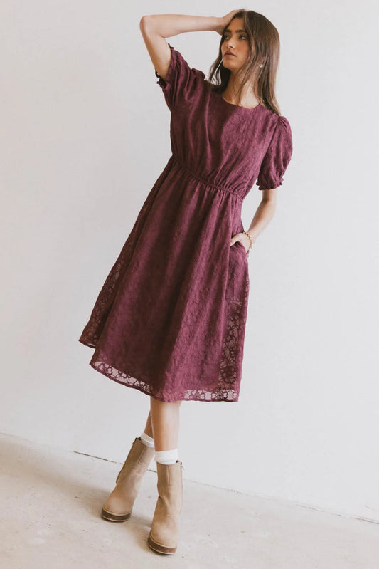 Short sleeves midi dress in burgundy 