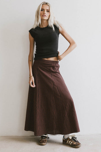ribbed top in black with plaid maxi skirt