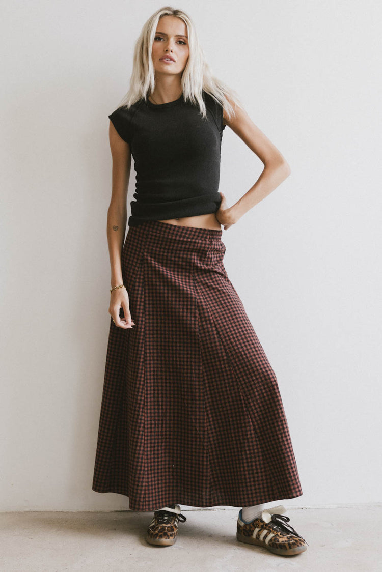 ribbed top in black with plaid maxi skirt