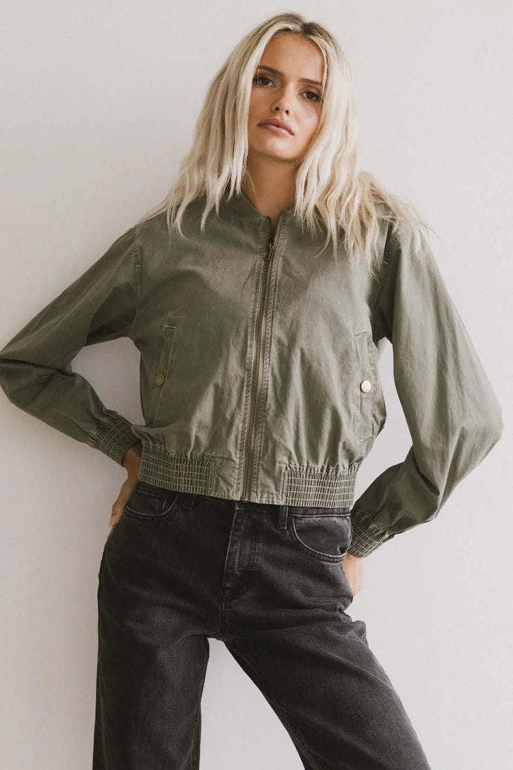 Elastic waist bomber jacket in olive 