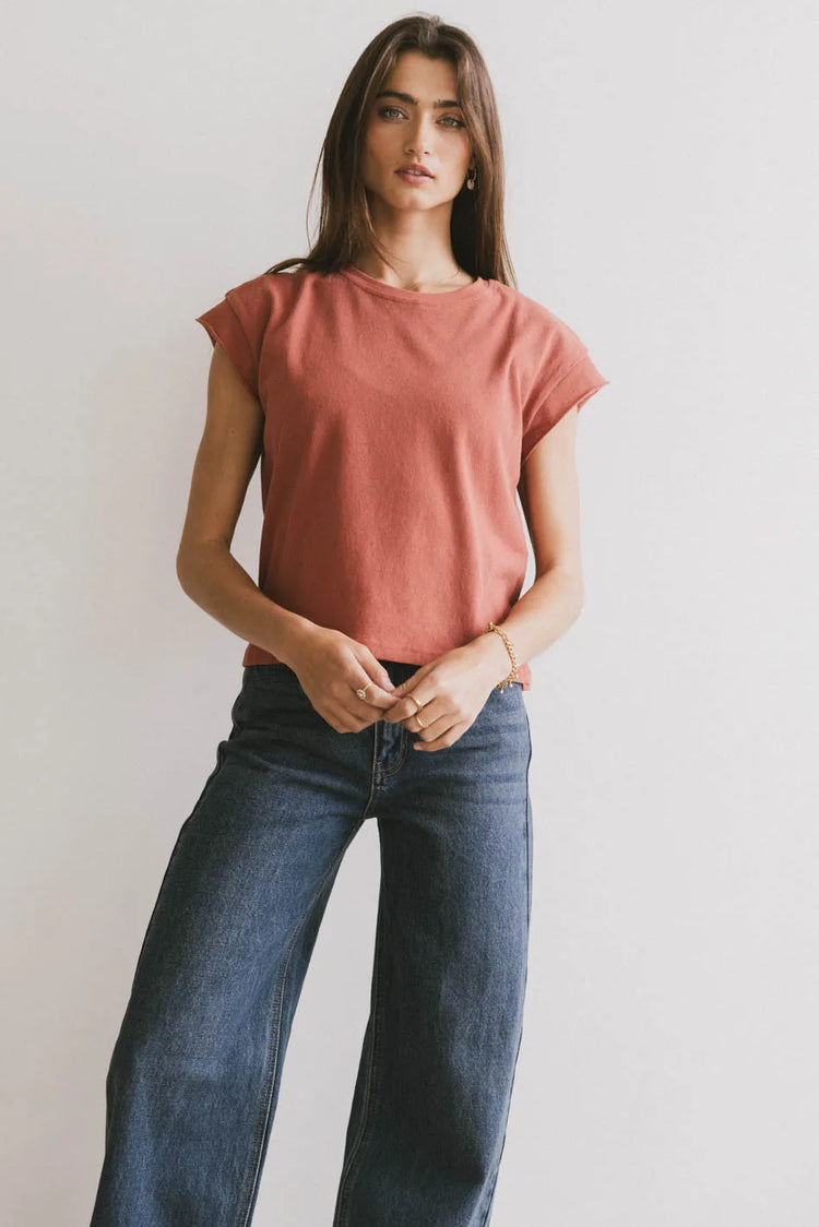 Round neck top in brick 