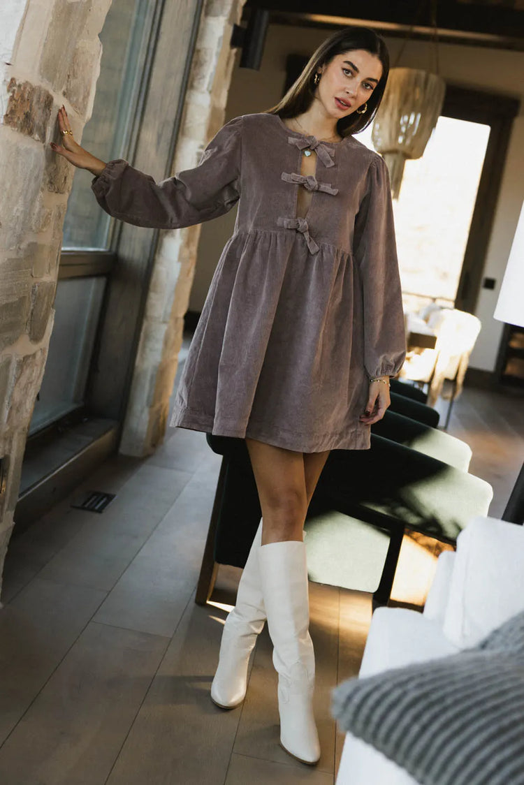 Corduroy mini dress in mauve 