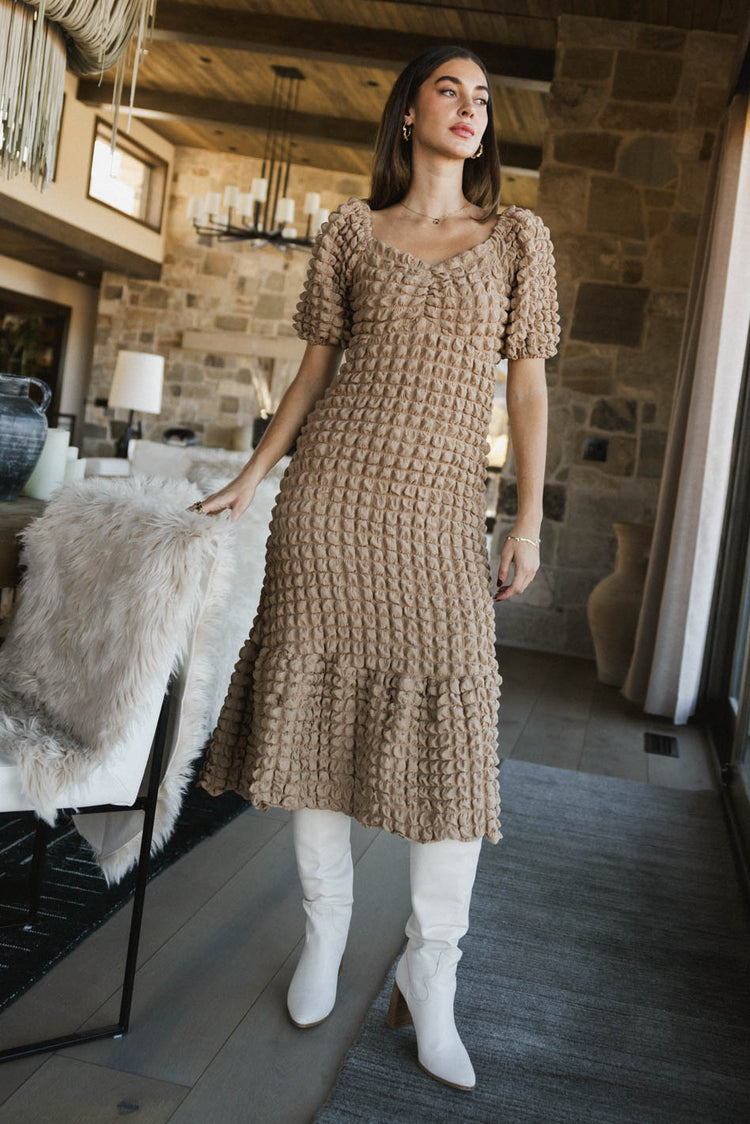 bubble detail mini dress in tan