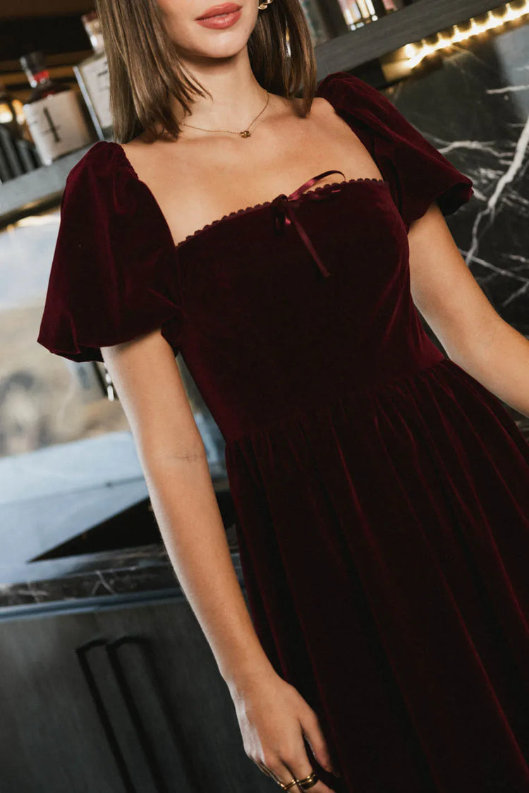 Bow front dress in burgundy 