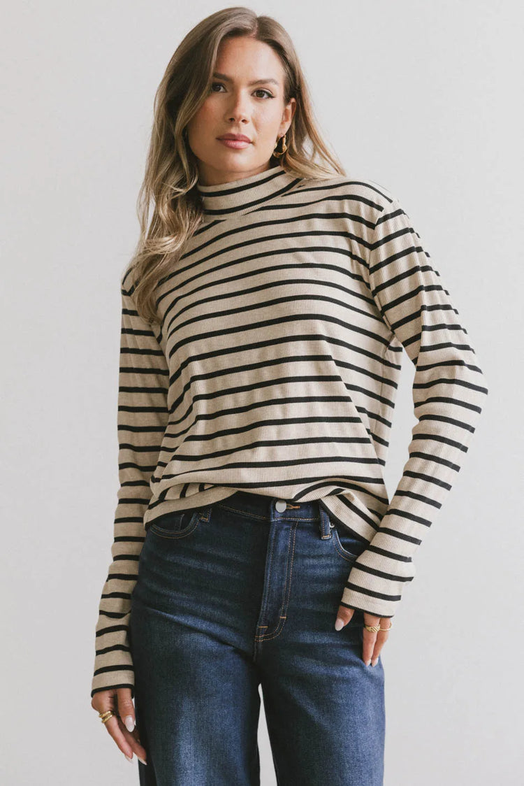 Knit striped top in taupe 