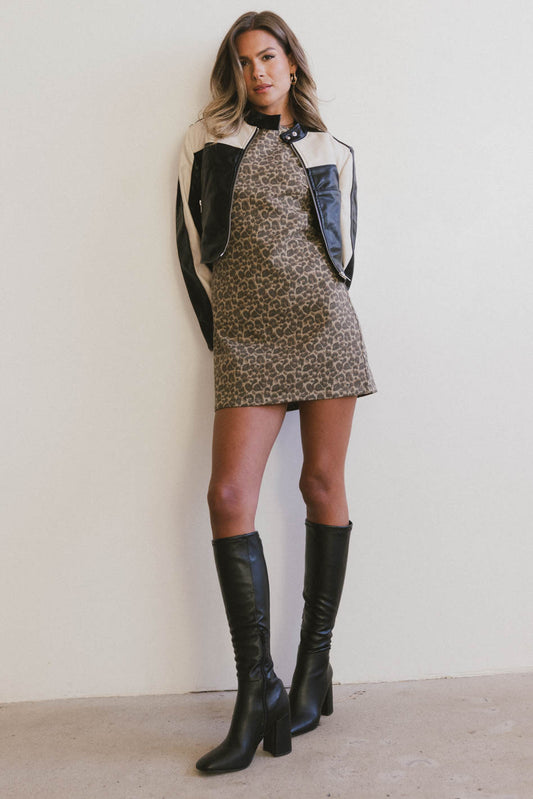 leopard print dress with moto jacket